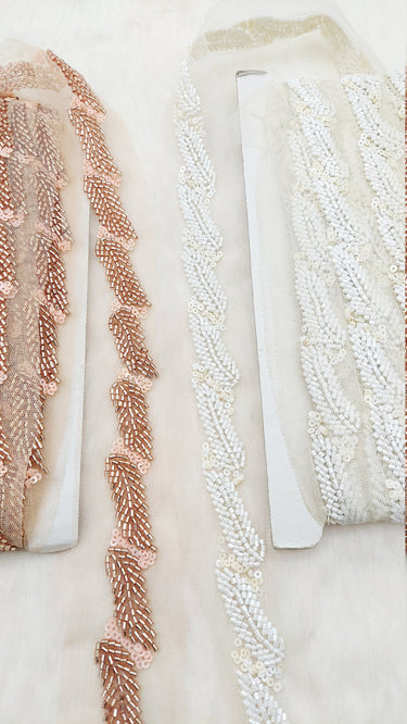 Beige Net Bridal Trim Rose Gold Beaded Leaf Embroidery, Hand Embroidered Bead Lace, Floral Embroidered Trim